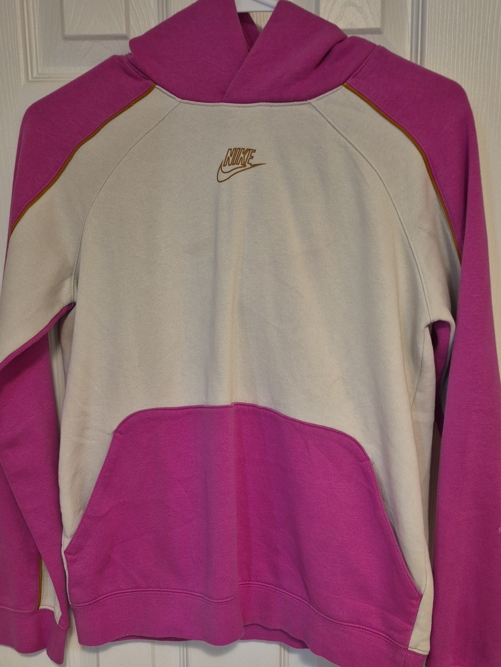 Nike Girl Pink and Cream Colorblock Pullover Hoodie with Gold Logo